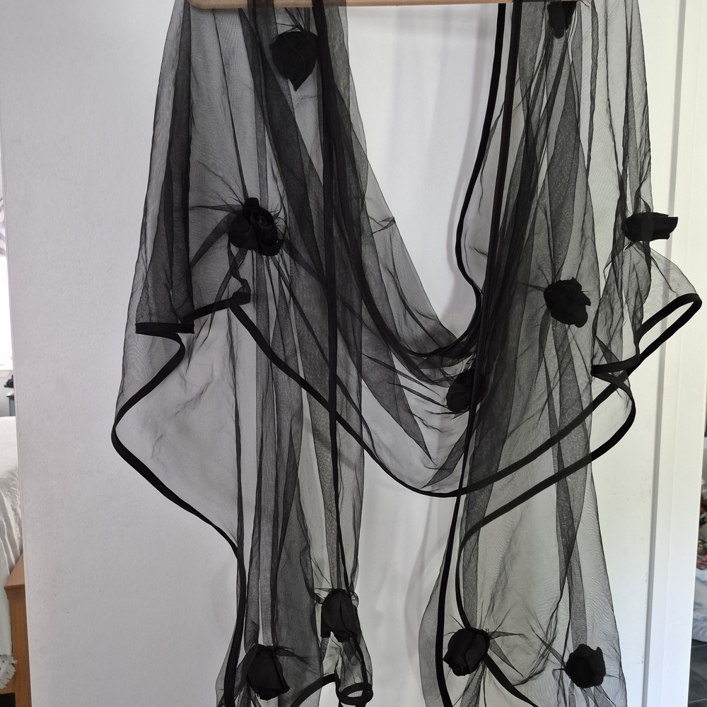 Elegant Black Sheer Scarf with Floral Accents